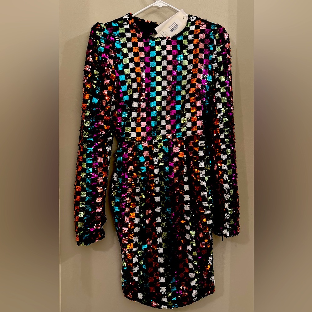 Multi-color pixelated sequin mini dress with open back - never worn